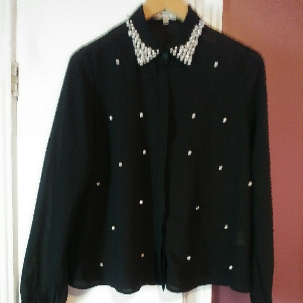 Dani Sheer Black Button Up Blouse w/ Pearls Size M
